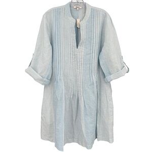 Madewell Pleated Splitneck Mini Dress Linen/Cotton Blend Roll-Tab Sleeve Size M